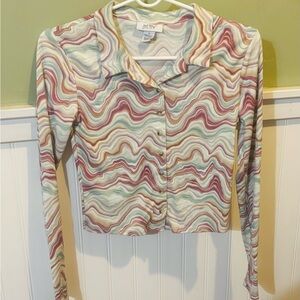 Just Polly Pastel Wave-Print Button-Down Shirt in Cream, Mauve & Sage